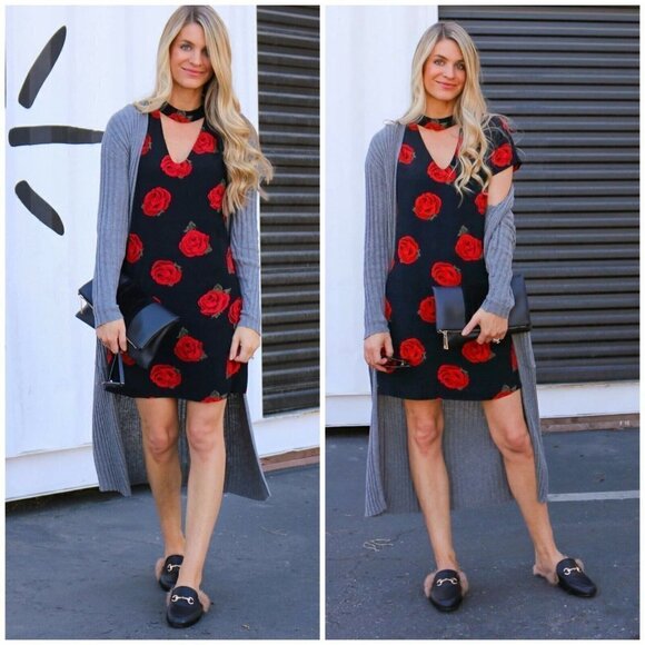 Rare Sanctuary Sz S Rose Print Choker V Neck Shift Dress Black Red Mini Floral - Picture 1 of 12
